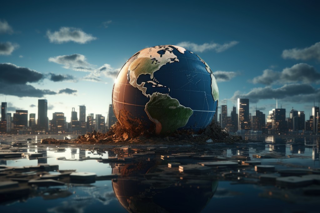 Un globe terrestre sur un fond urbain, avec des reflets sur l'eau, représentant un environnement futuriste.